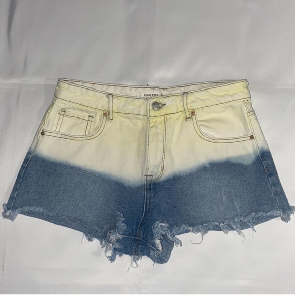 Pacsun High Rise Frayed Hem Yellow & Blue Festival Jean Shorts - Picture 1 of 9